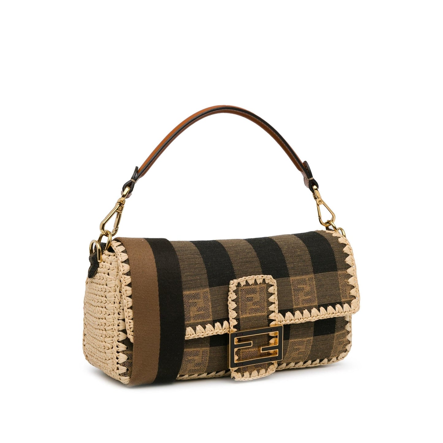 Luxury FendiPequin Gingham Canvas And Raffia Baguette Satchel (SHG-mQy3HF)