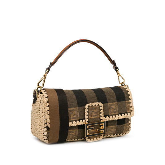 Luxury FendiPequin Gingham Canvas And Raffia Baguette Satchel (SHG-mQy3HF)