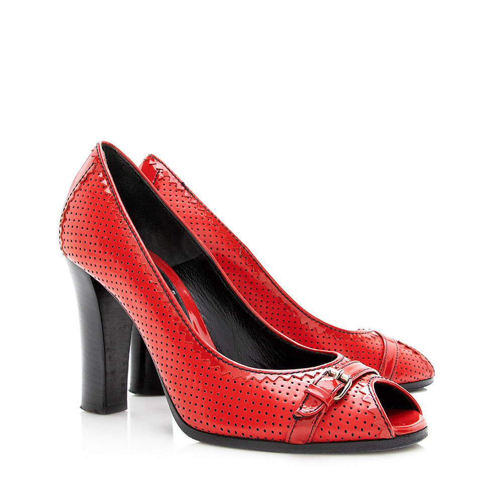 Luxury FendiPerforated Leather Buckle Detail Peep Toe Pumps - Size 6.5 / 36.5 (SHF-18590)