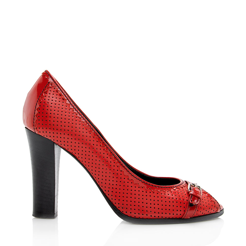 Luxury FendiPerforated Leather Buckle Detail Peep Toe Pumps - Size 6.5 / 36.5 (SHF-18590)