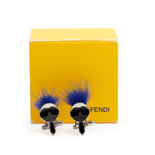 Fendi Silver Metal Blue Fox Fur Karlito Cufflinks