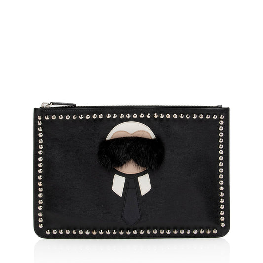 Luxury FendiStudded Leather Mink Karlito Zip Pouch (SHF-Rdhiar)