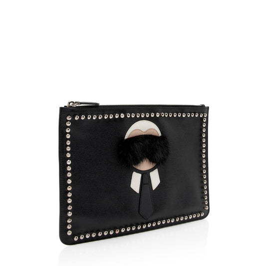 Luxury FendiStudded Leather Mink Karlito Zip Pouch (SHF-Rdhiar)