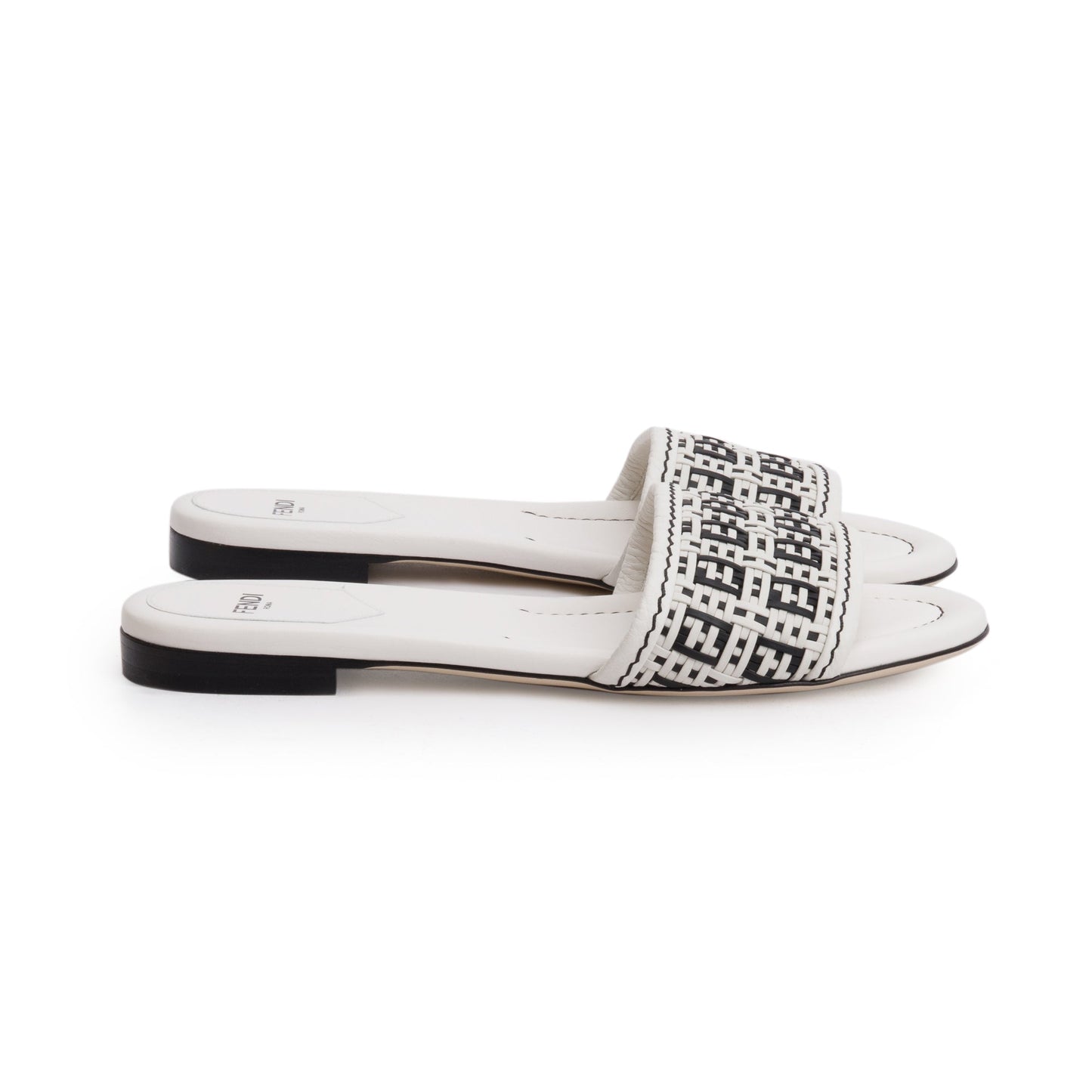 Fendi White Calskin Leather Interlaced FF Woven Mule Sandals, Size 37.5