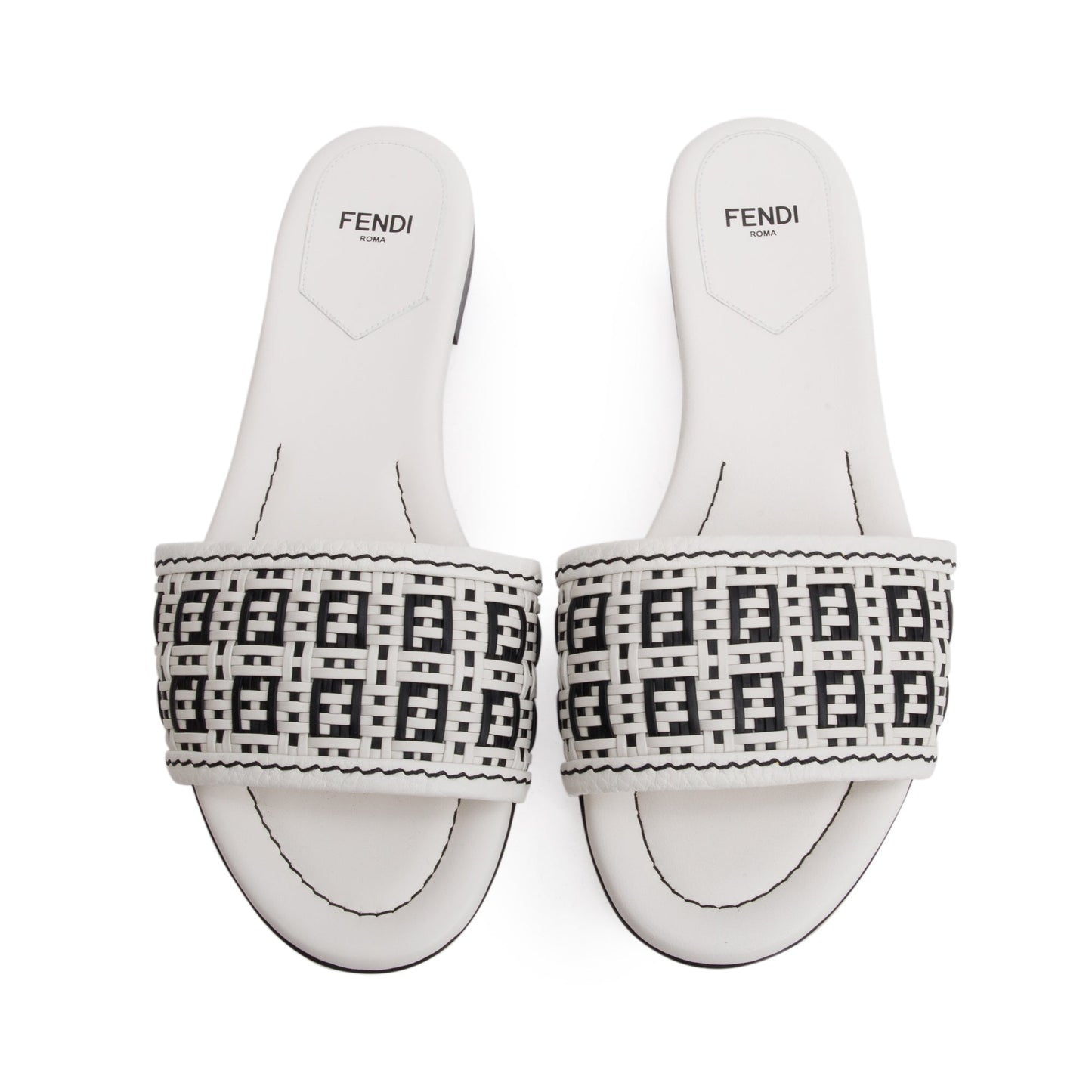 Fendi White Calskin Leather Interlaced FF Woven Mule Sandals, Size 37.5