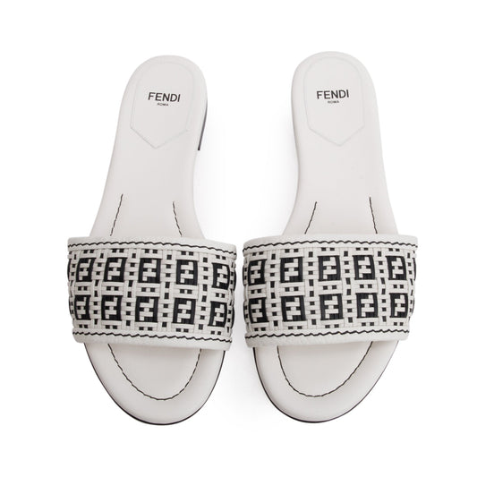 Fendi White Calskin Leather Interlaced FF Woven Mule Sandals, Size 37.5