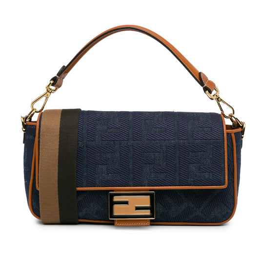 Luxury FendiZucca Embroidered Denim Baguette Satchel (SHG-oiAEAB)