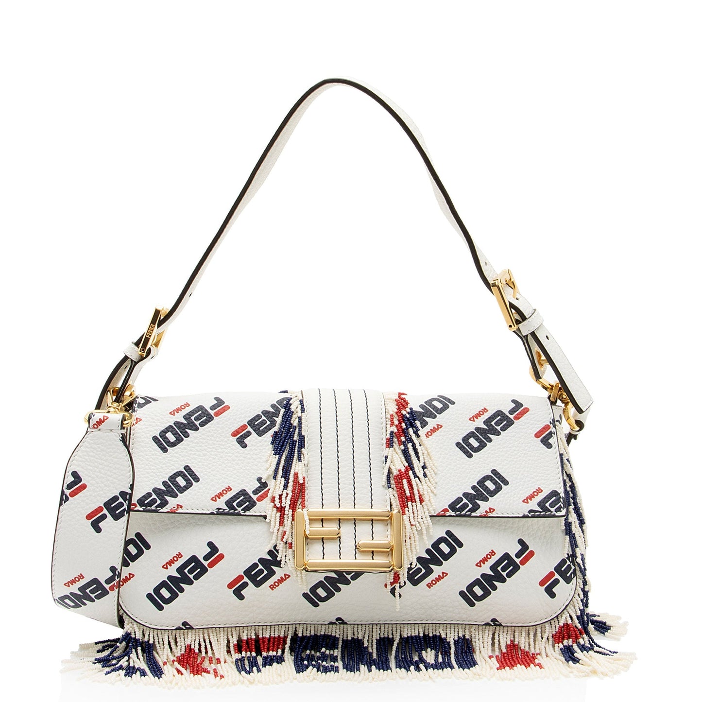Luxury Fendix Fila Calfskin Mania Beaded Fringe Baguette Shoulder Bag (SHF-OjJL4V)