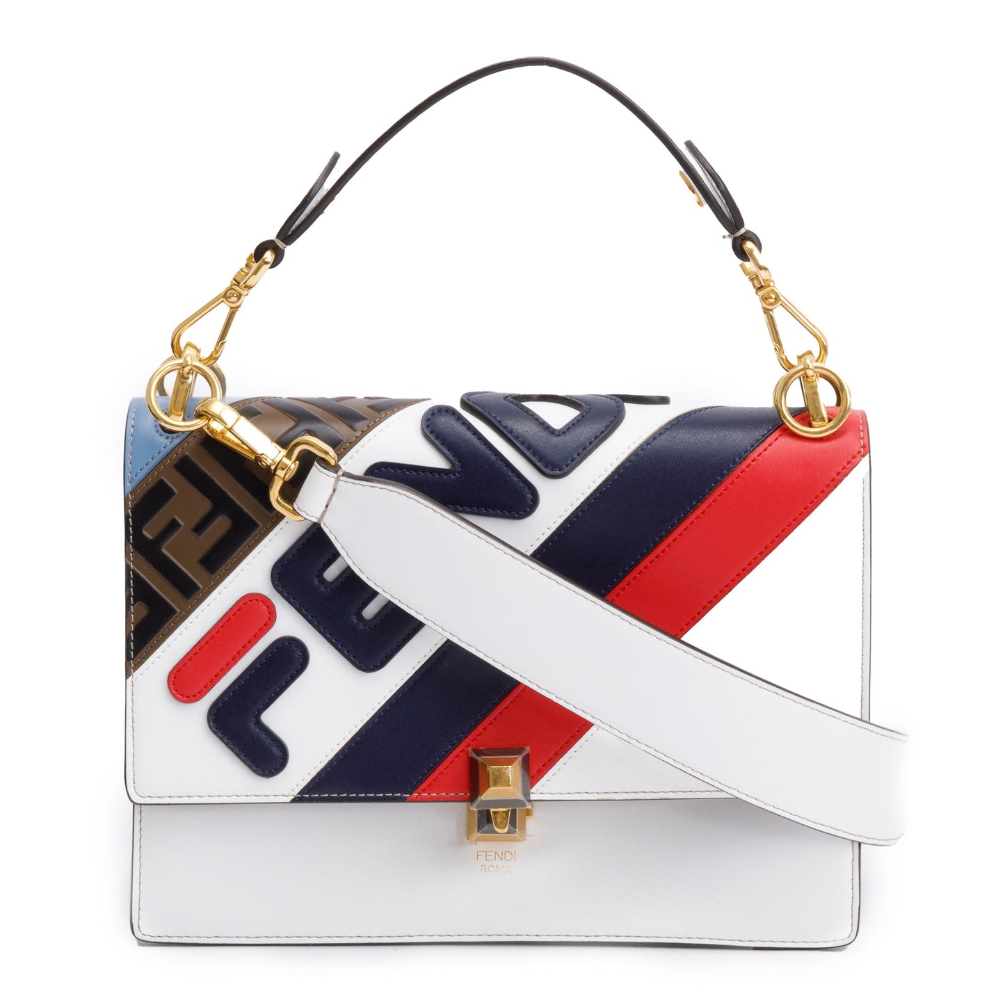 Fendi x Fila White Multicolor Calfskin Leather Logo Mania Kan I Shoulder Bag