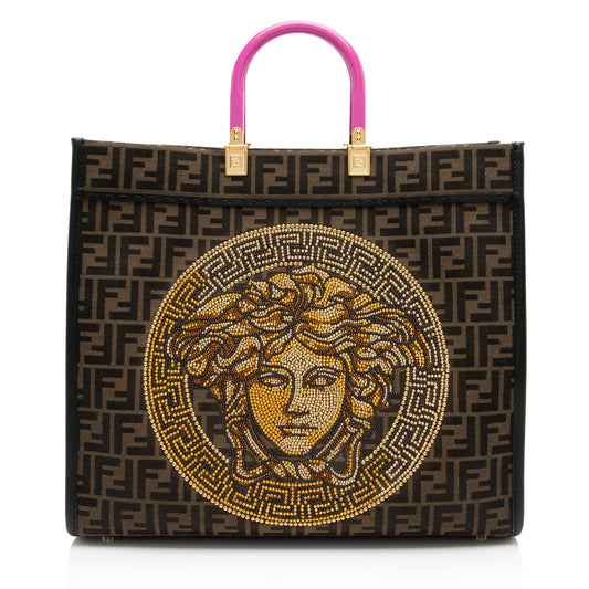 Luxury Fendix Versace Zucca Medusa Crystal Sunshine Large Shopper Tote (SHF-Au7XmN)