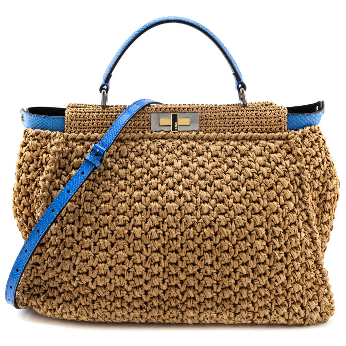Luxury FendiBeige Raffia & Blue Snakeskin Large Peekaboo Bag