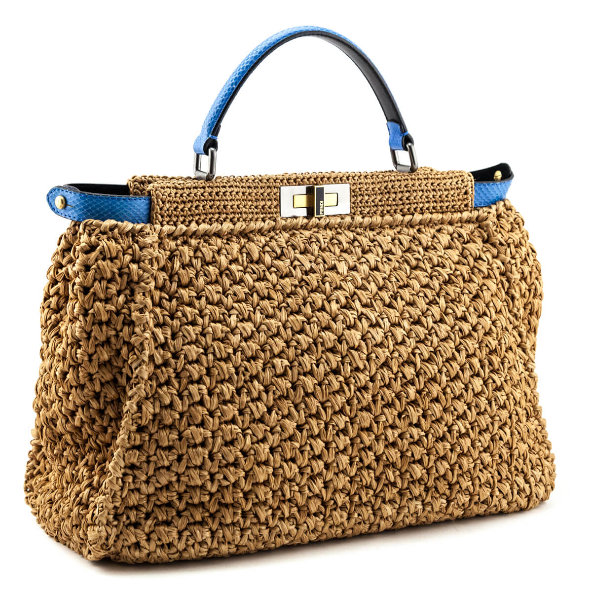 Luxury FendiBeige Raffia & Blue Snakeskin Large Peekaboo Bag