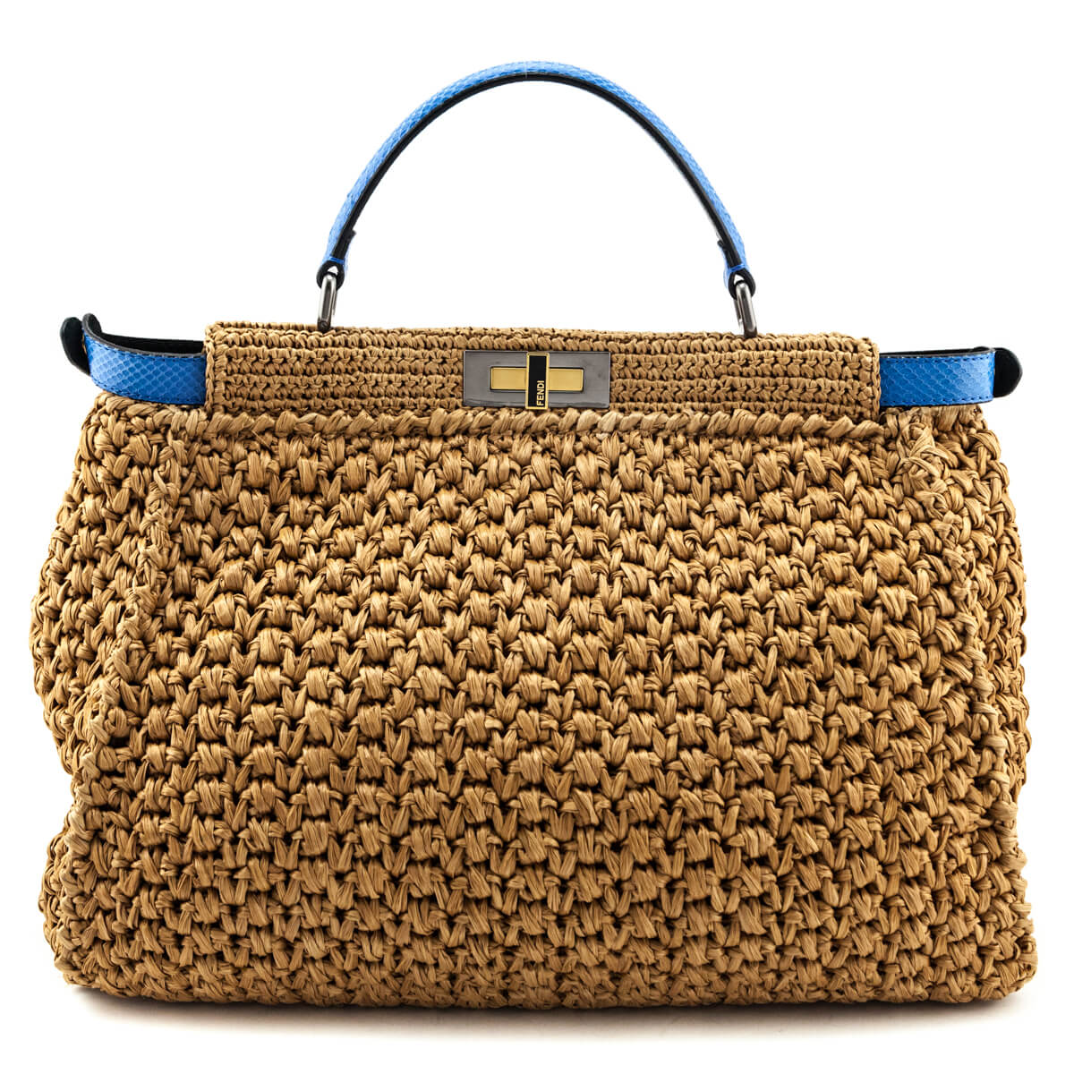 Luxury FendiBeige Raffia & Blue Snakeskin Large Peekaboo Bag