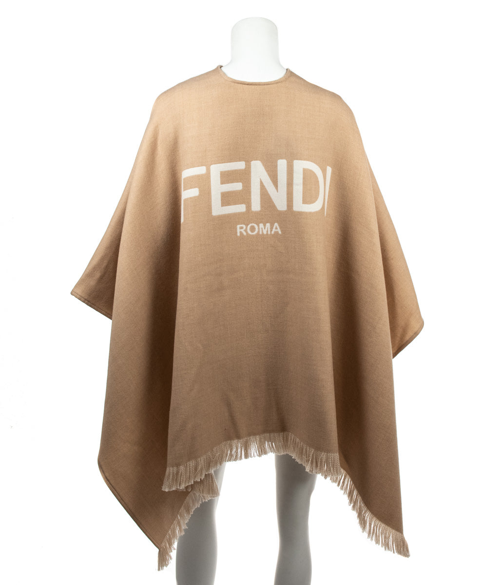 Luxury FendiBeige Wool Jacquard Logo Fringed Poncho