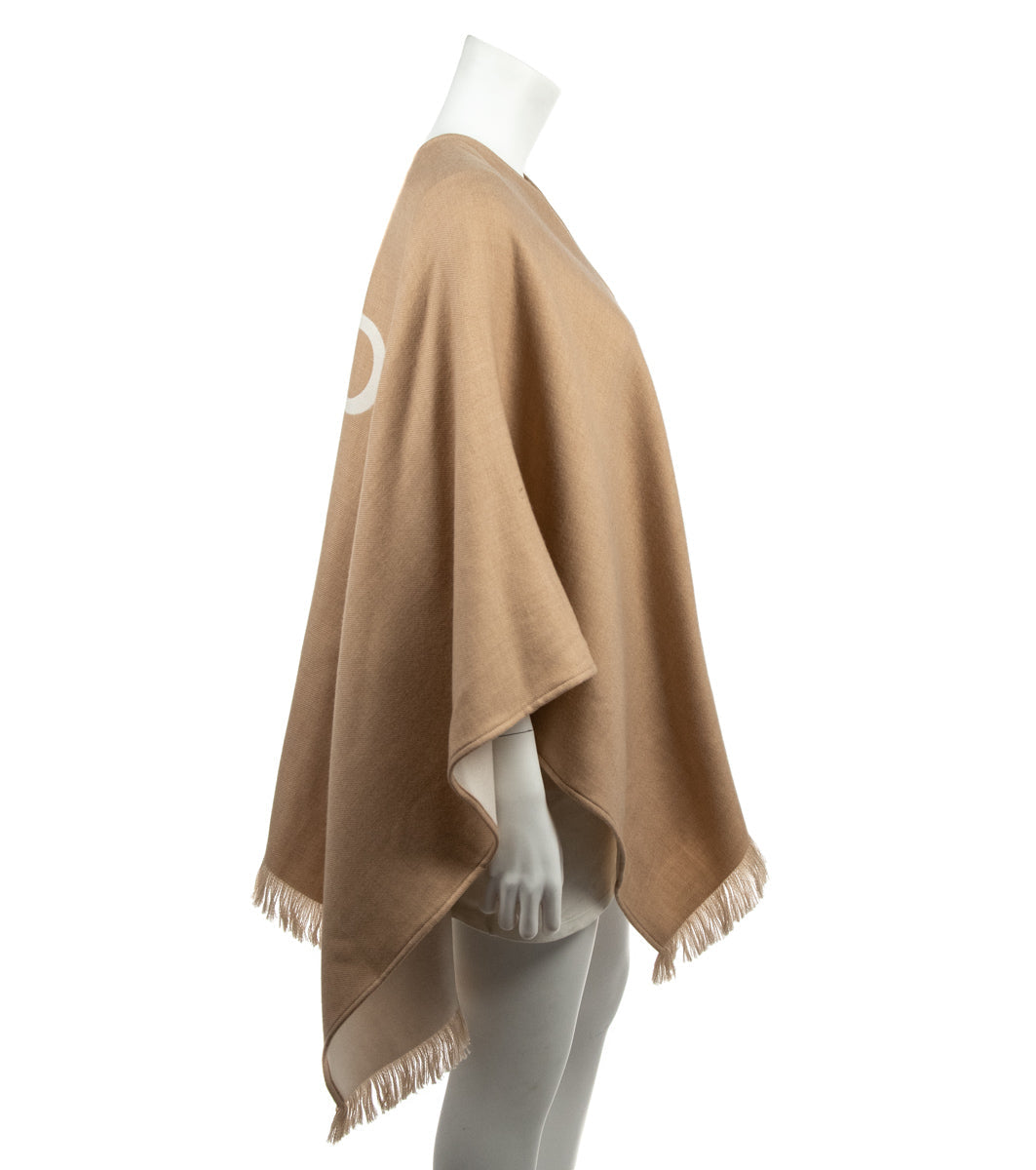 Luxury FendiBeige Wool Jacquard Logo Fringed Poncho