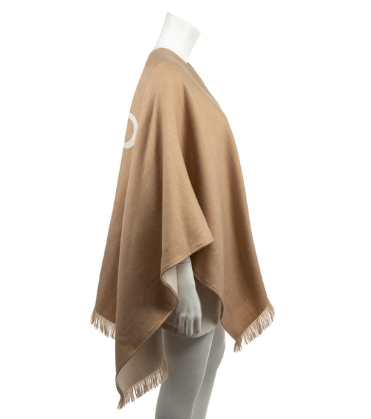 Luxury FendiBeige Wool Jacquard Logo Fringed Poncho