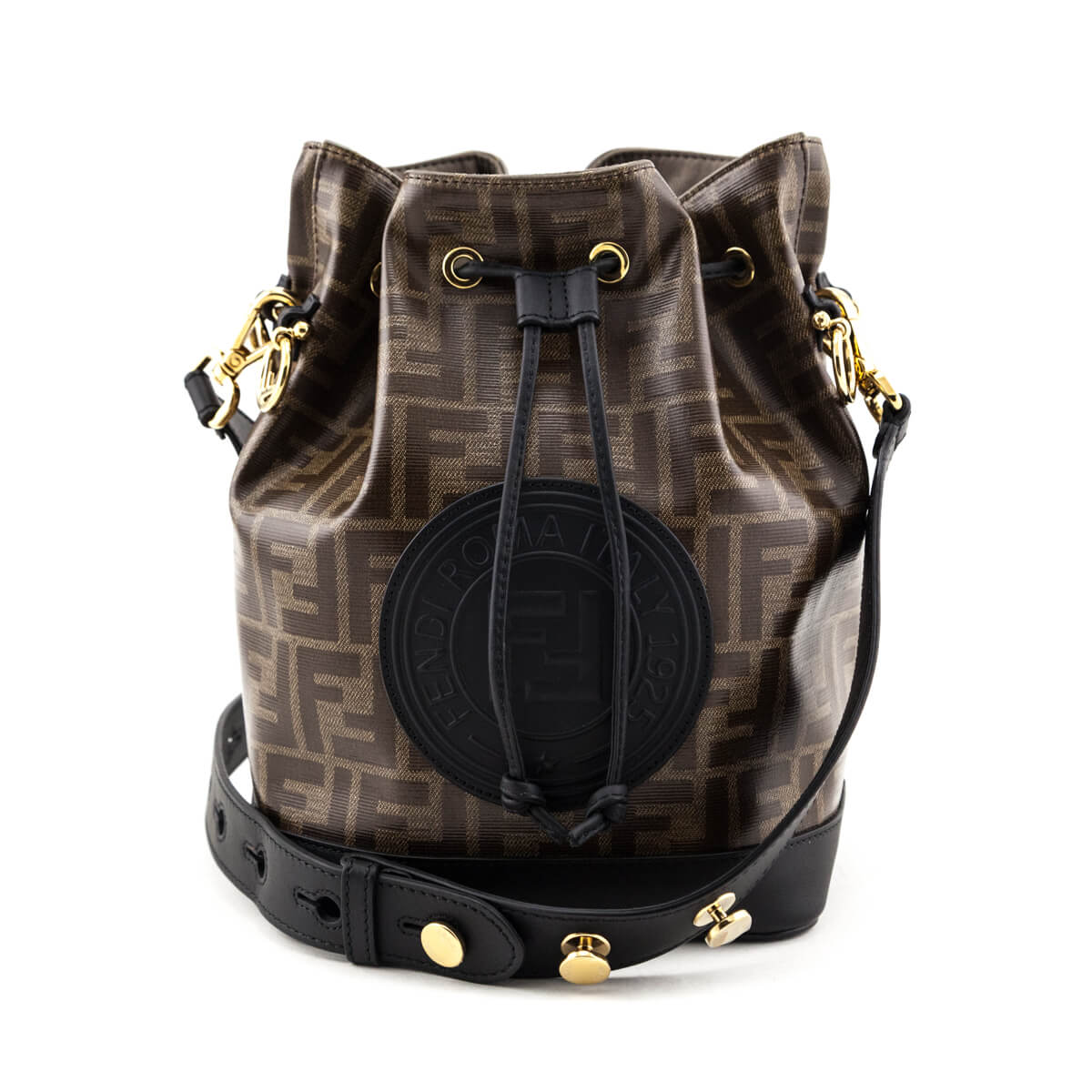 Luxury FendiBlack & Glazed Fabric FF 1974 Stamp Patch Small Mon Tresor Bucket Bag
