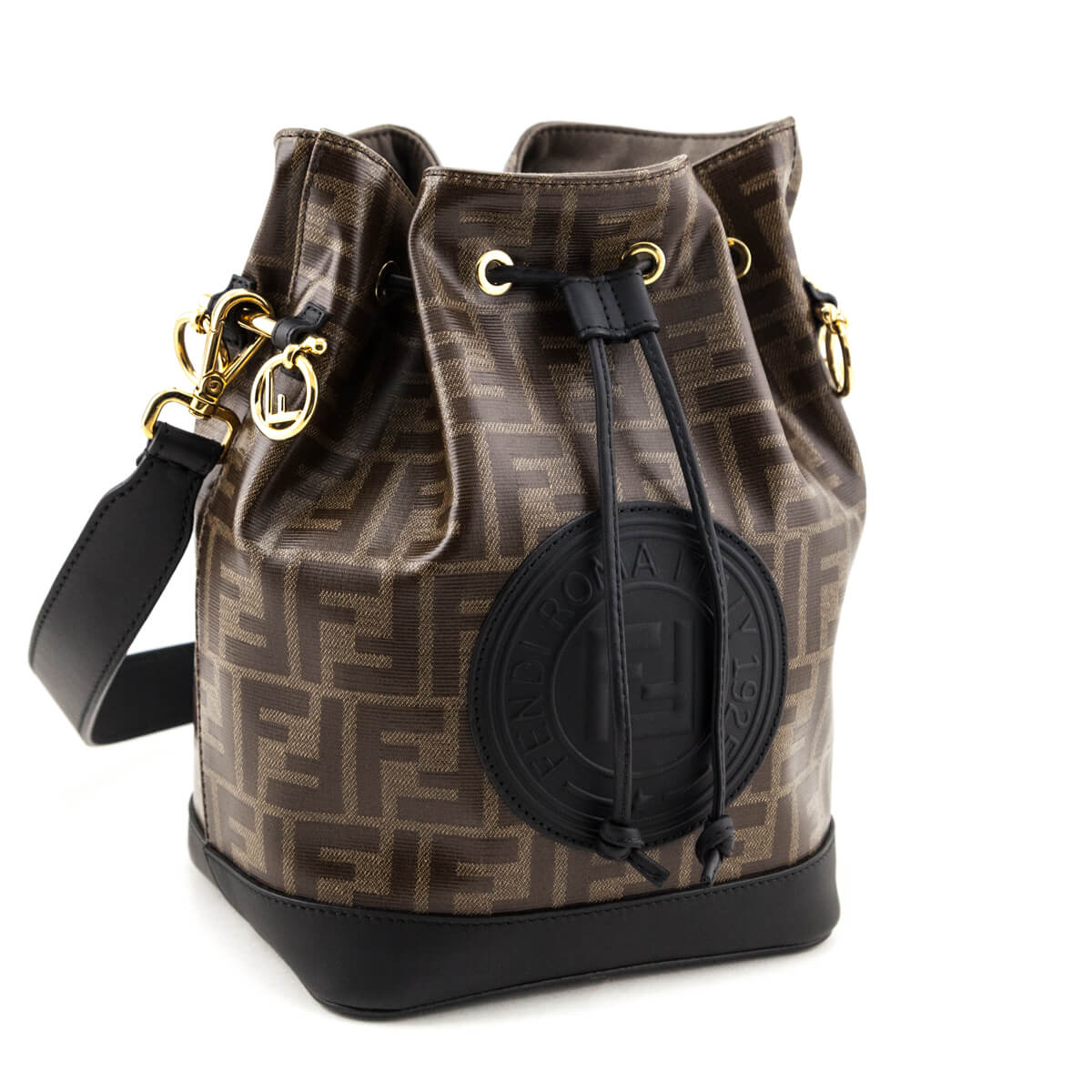 Luxury FendiBlack & Glazed Fabric FF 1974 Stamp Patch Small Mon Tresor Bucket Bag