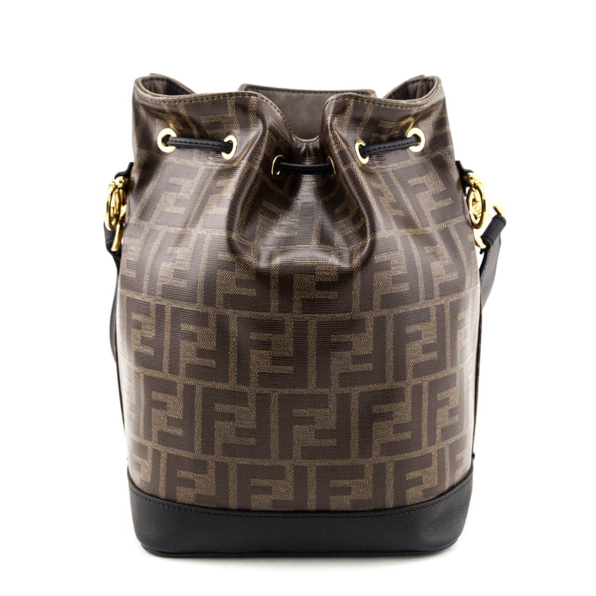 Luxury FendiBlack & Glazed Fabric FF 1974 Stamp Patch Small Mon Tresor Bucket Bag
