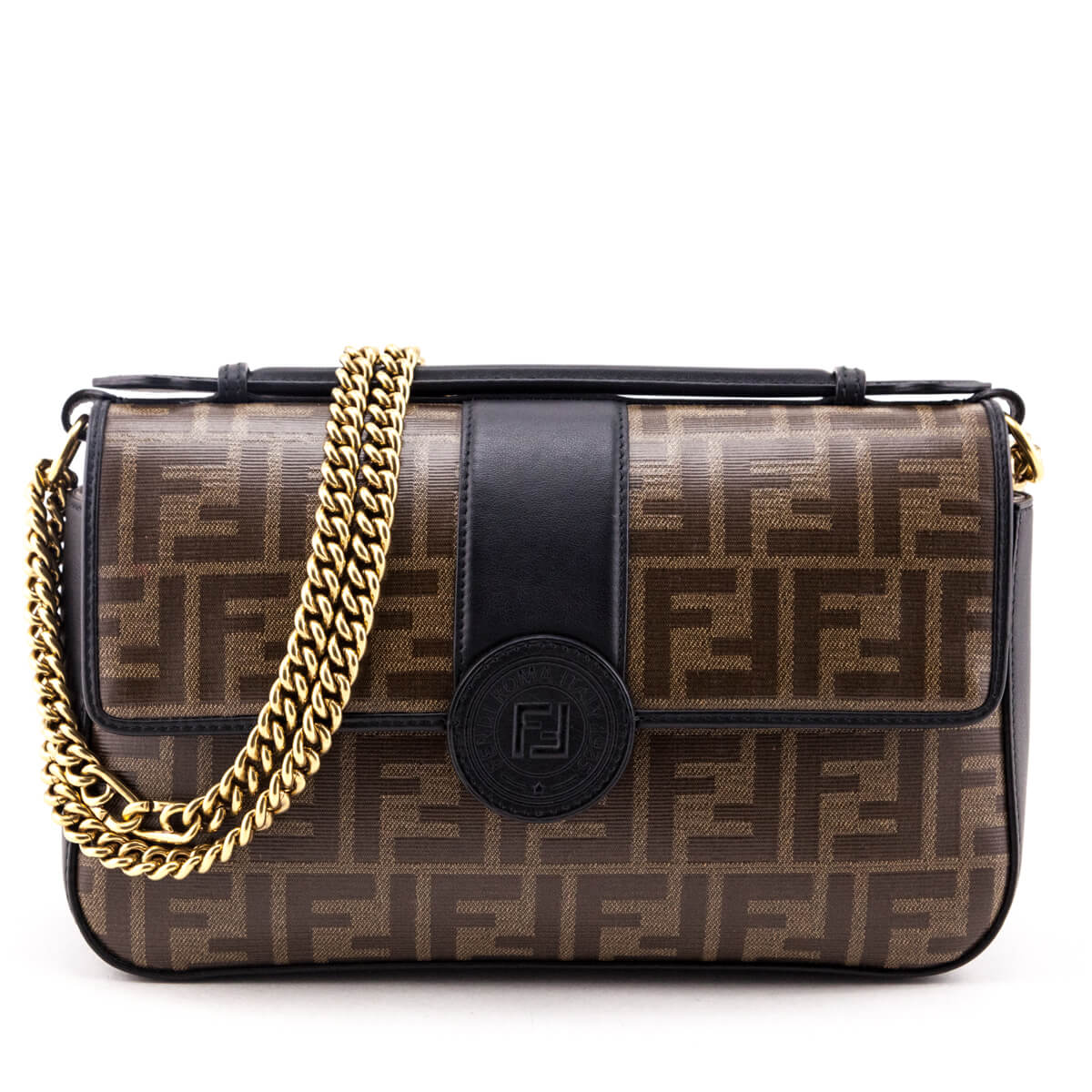 Luxury FendiBlack & Mogano Panna Calfskin Glazed Fabric FF 1974 Double F Shoulder Bag