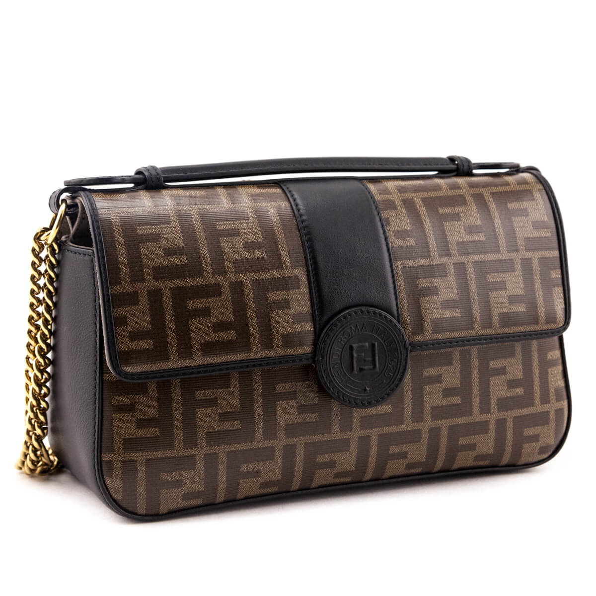 Luxury FendiBlack & Mogano Panna Calfskin Glazed Fabric FF 1974 Double F Shoulder Bag