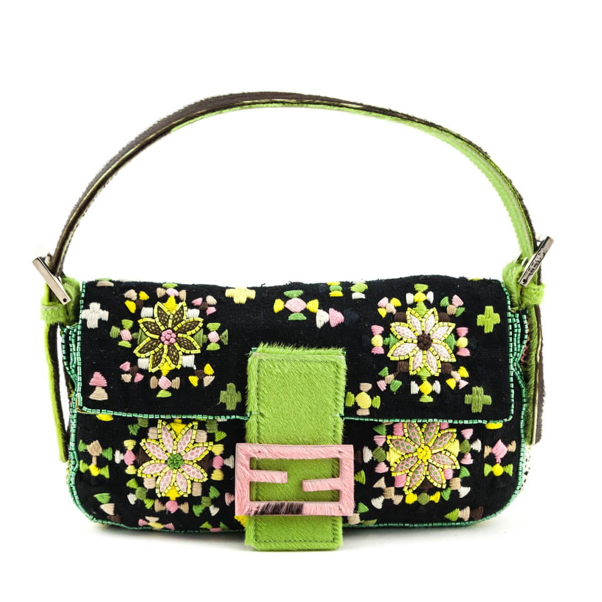 Luxury FendiBlack & Pink Floral Embroidered Pony Hair Baguette Bag