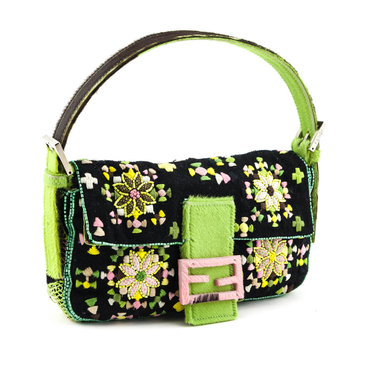Luxury FendiBlack & Pink Floral Embroidered Pony Hair Baguette Bag