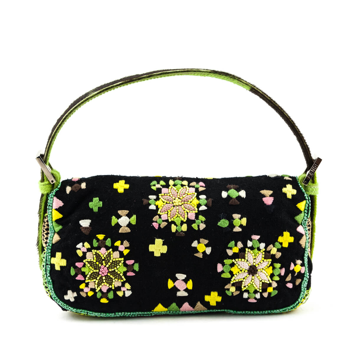 Luxury FendiBlack & Pink Floral Embroidered Pony Hair Baguette Bag
