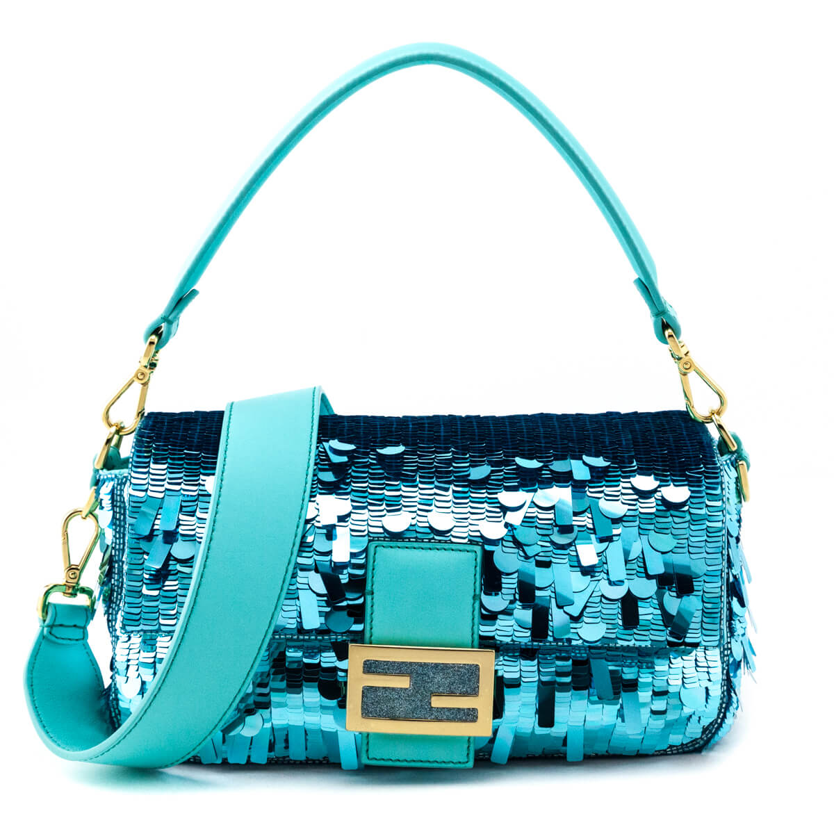Luxury FendiBlue Sequin Paillettes Vitello Grace Re-Edition Baguette