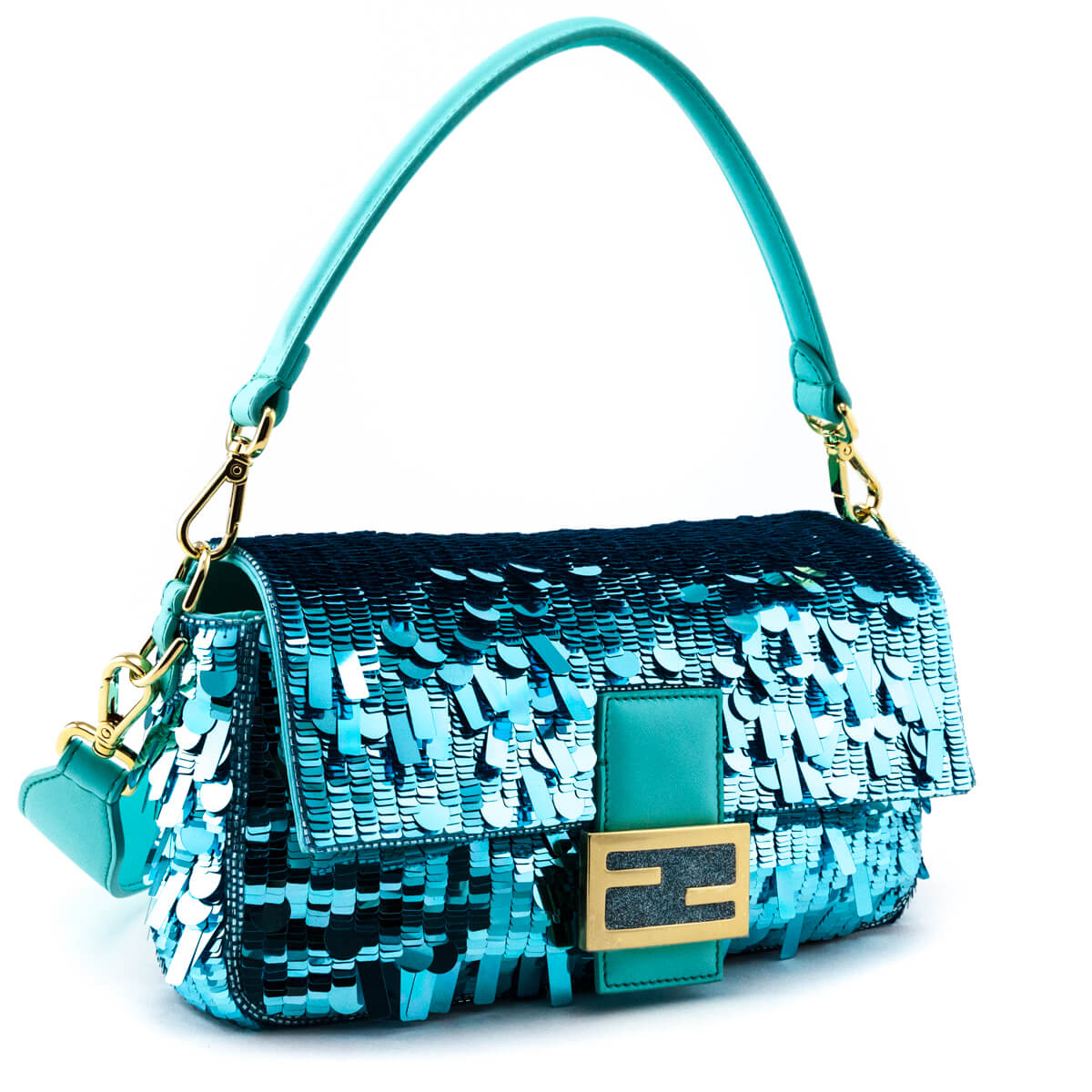 Luxury FendiBlue Sequin Paillettes Vitello Grace Re-Edition Baguette