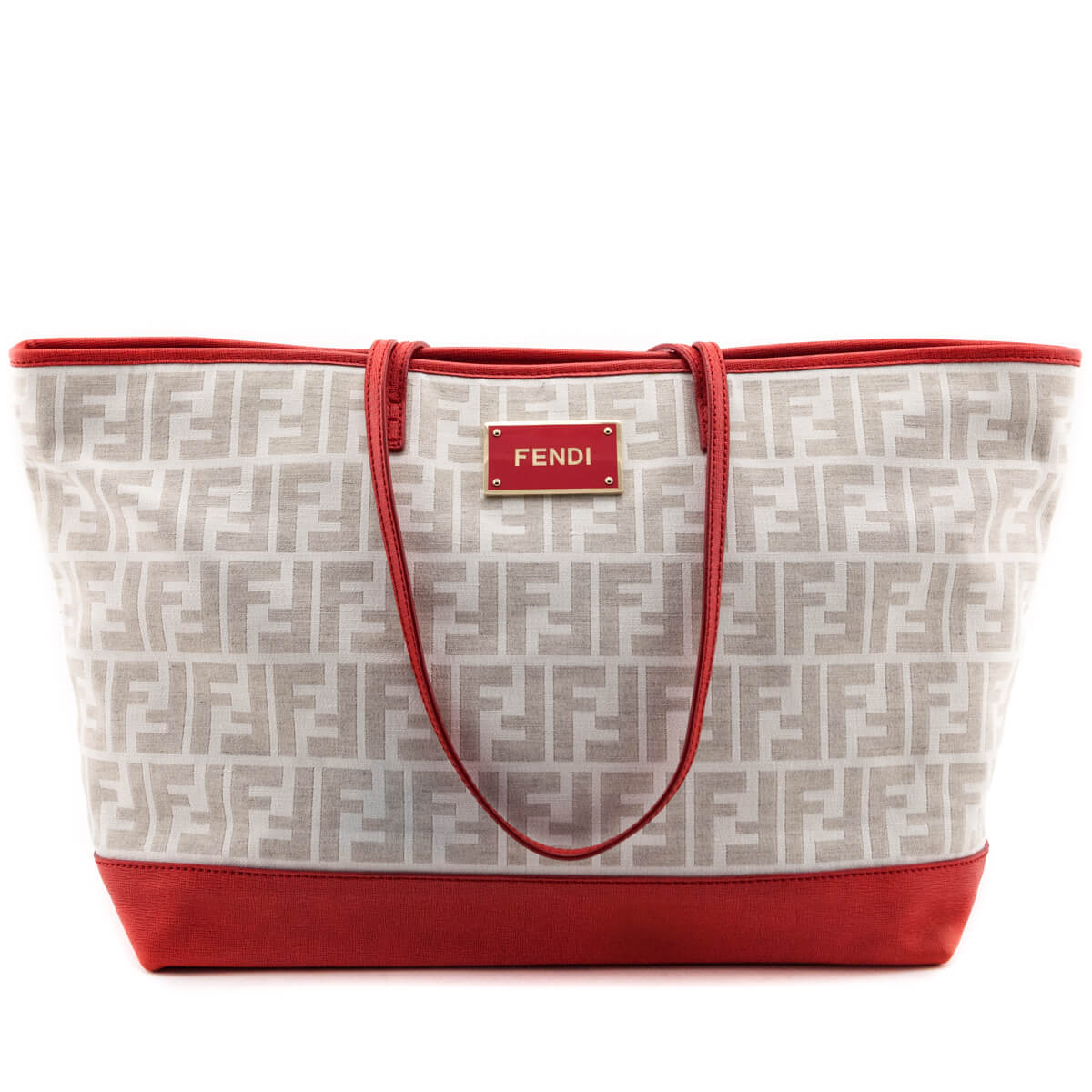 Luxury FendiIvory & Red FF Zucca Roll Tote