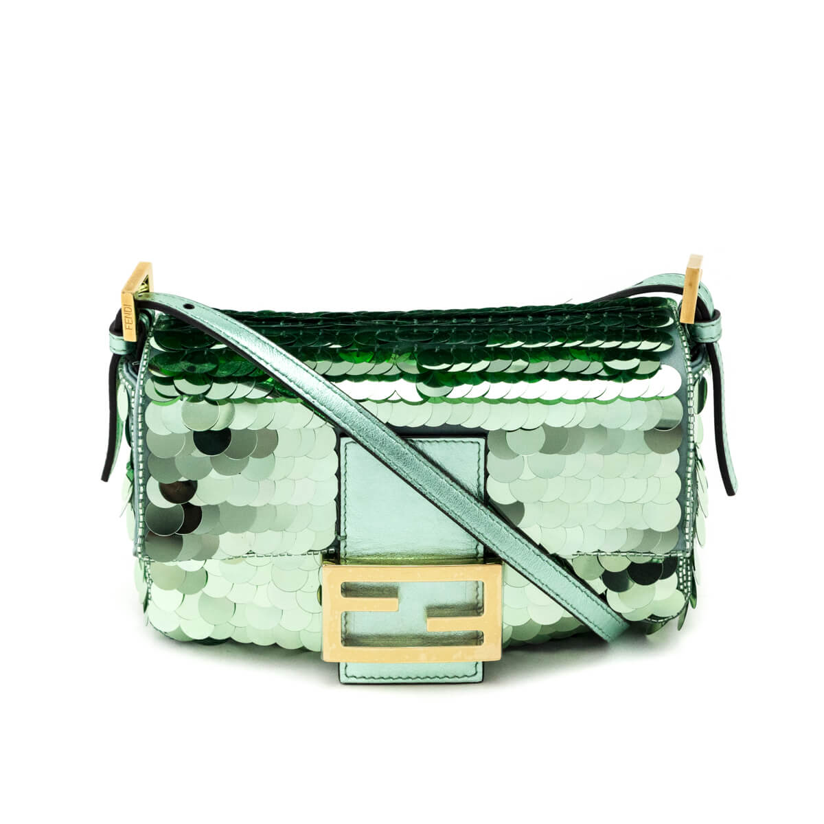 Luxury FendiLight Green Satin Sequin Paillettes Shiny Nappa Mini Baguette 1997