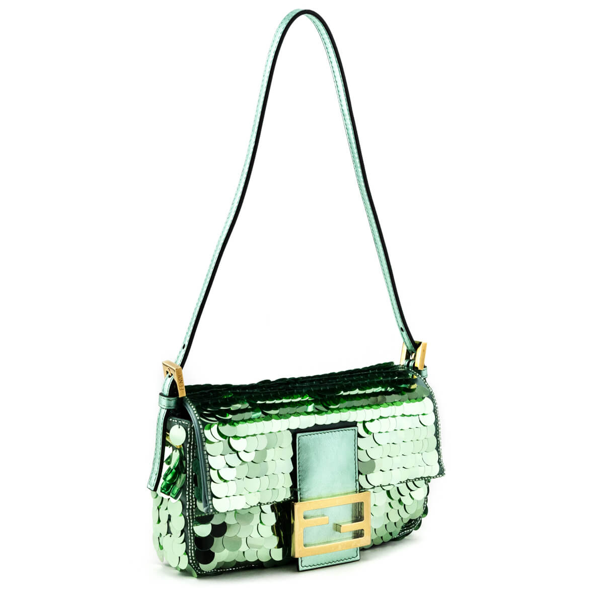 Luxury FendiLight Green Satin Sequin Paillettes Shiny Nappa Mini Baguette 1997