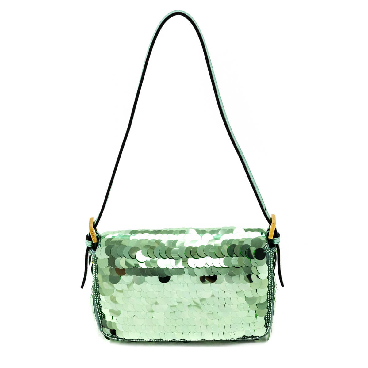 Luxury FendiLight Green Satin Sequin Paillettes Shiny Nappa Mini Baguette 1997