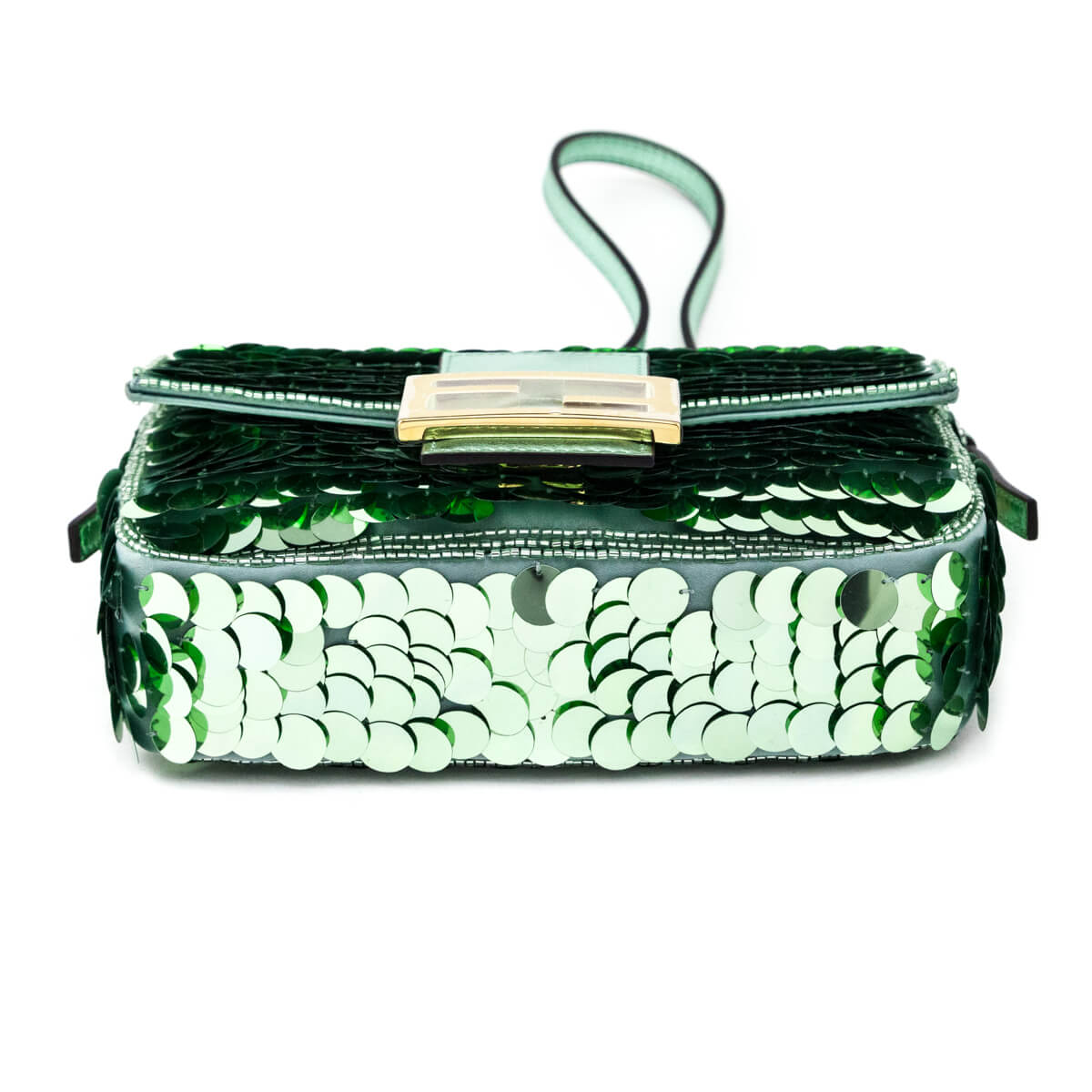 Luxury FendiLight Green Satin Sequin Paillettes Shiny Nappa Mini Baguette 1997