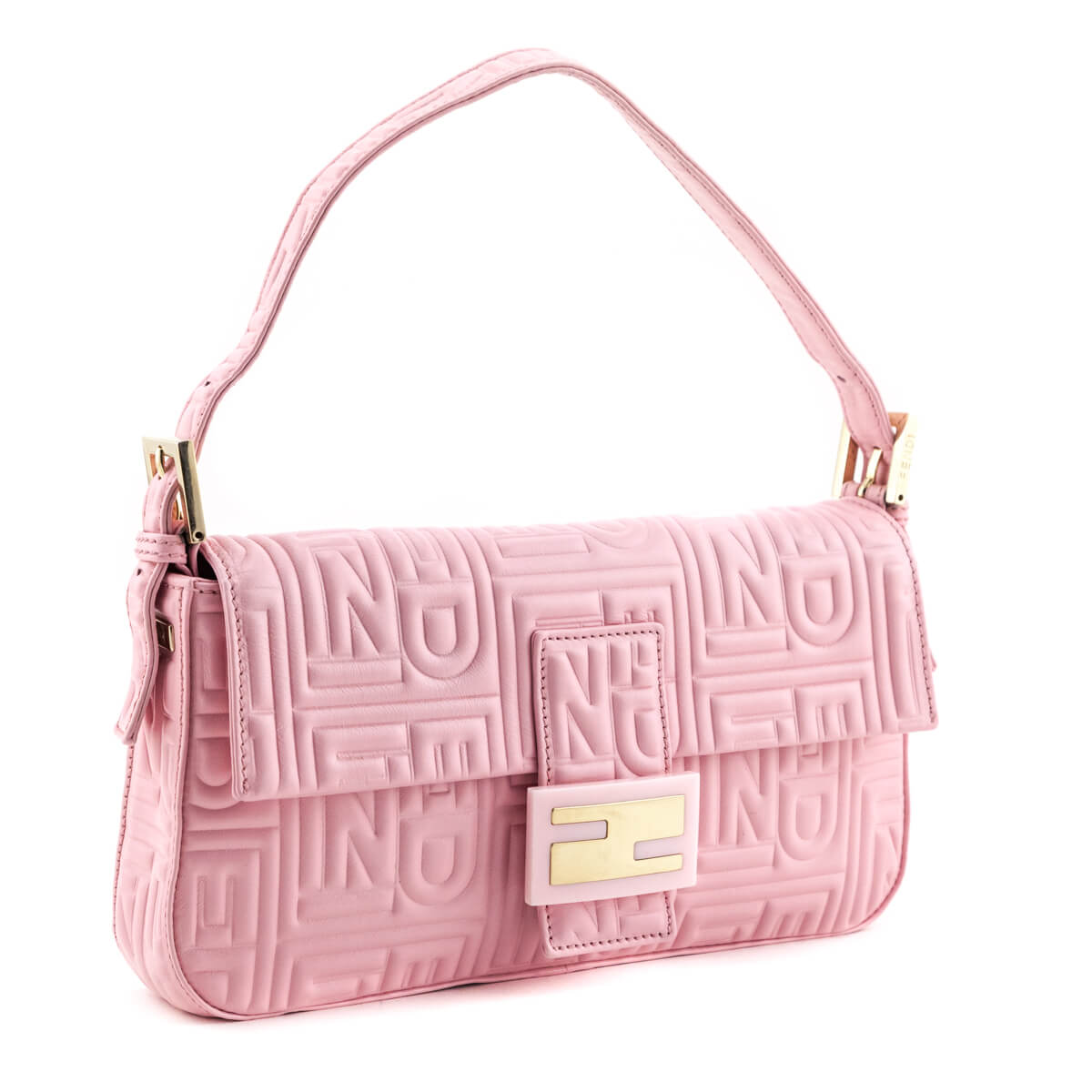 Luxury FendiPale Pink Nappa Logo Embossed Baguette
