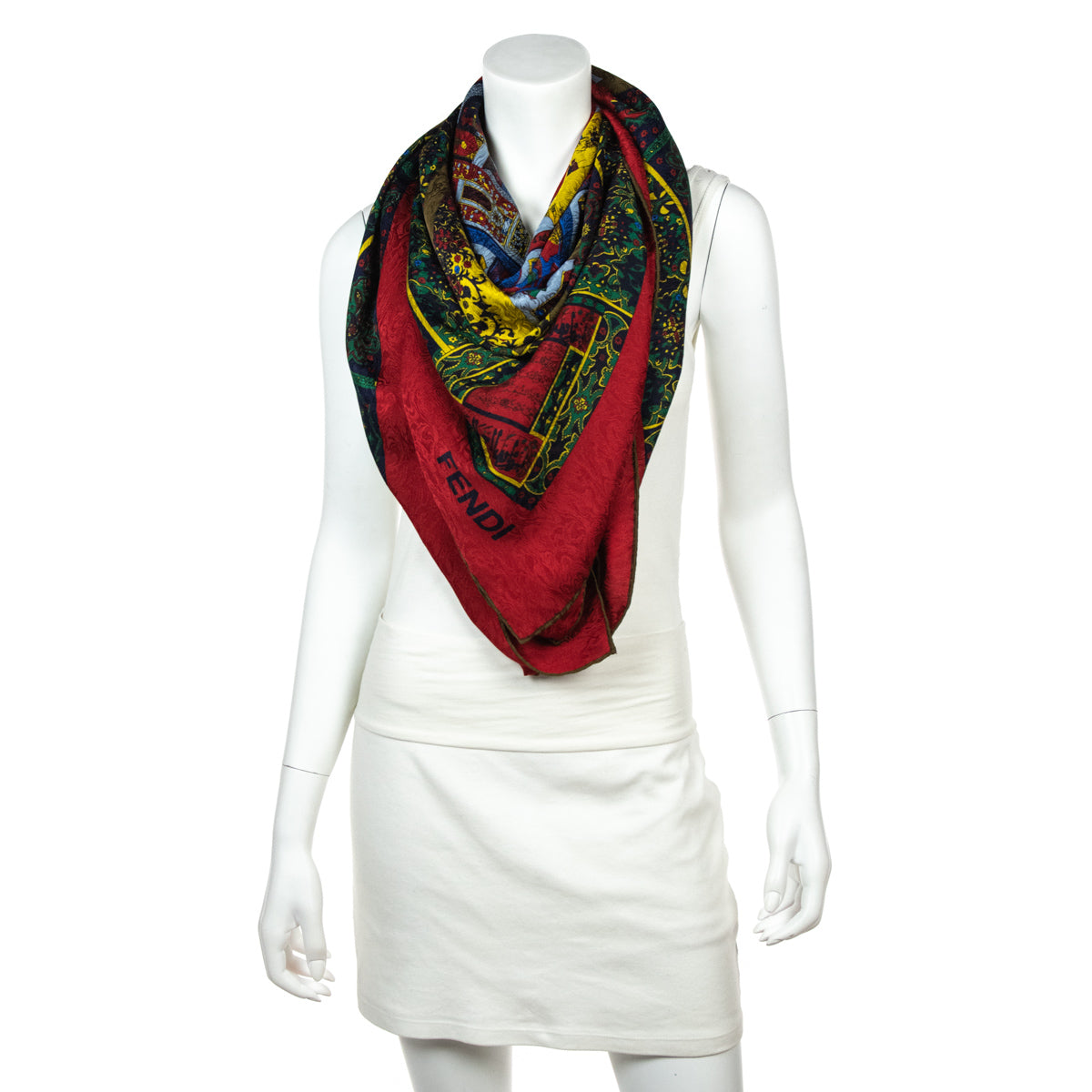 Luxury FendiRed & Multicolored Silk Jacquard Giant Scarf