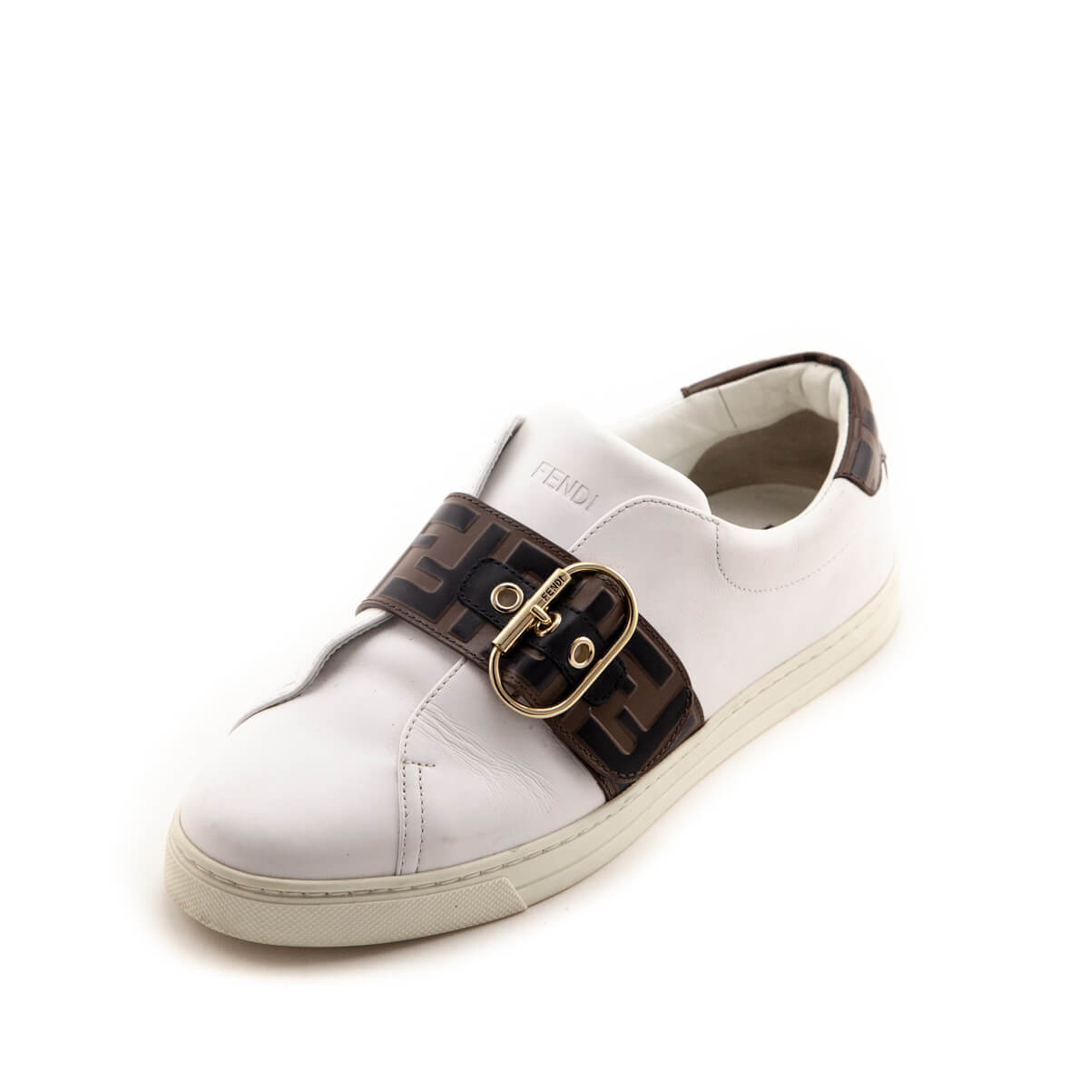 Luxury FendiWhite Leather Signature Zucca Buckled Low Top Sneakers Size 9.5 | EU 39.5