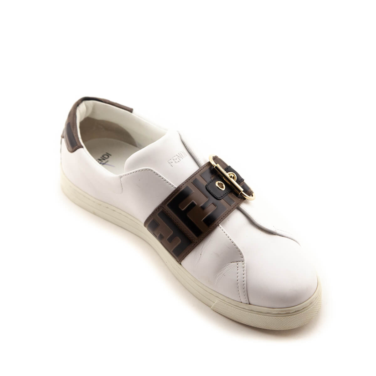 Luxury FendiWhite Leather Signature Zucca Buckled Low Top Sneakers Size 9.5 | EU 39.5
