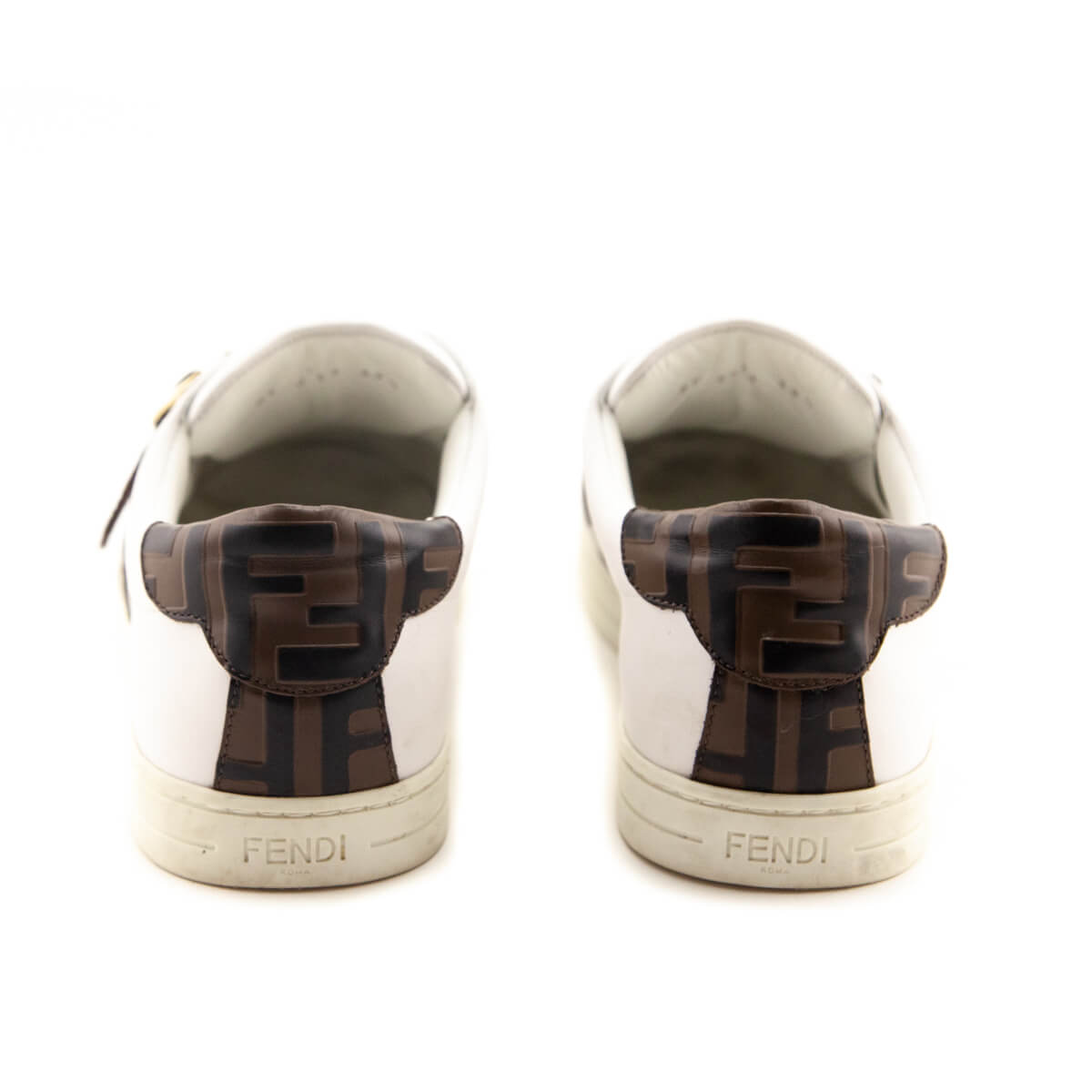 Luxury FendiWhite Leather Signature Zucca Buckled Low Top Sneakers Size 9.5 | EU 39.5