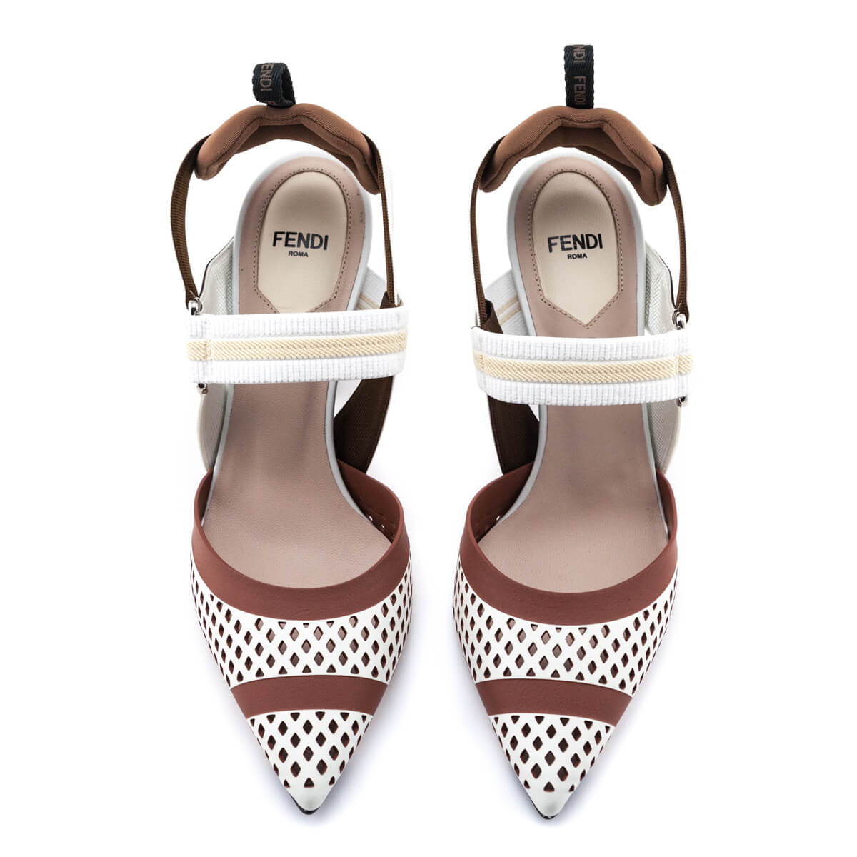 Luxury FendiWhite & Brown Lasercut Colibri Slingback Pumps Size US 8 | EU 38