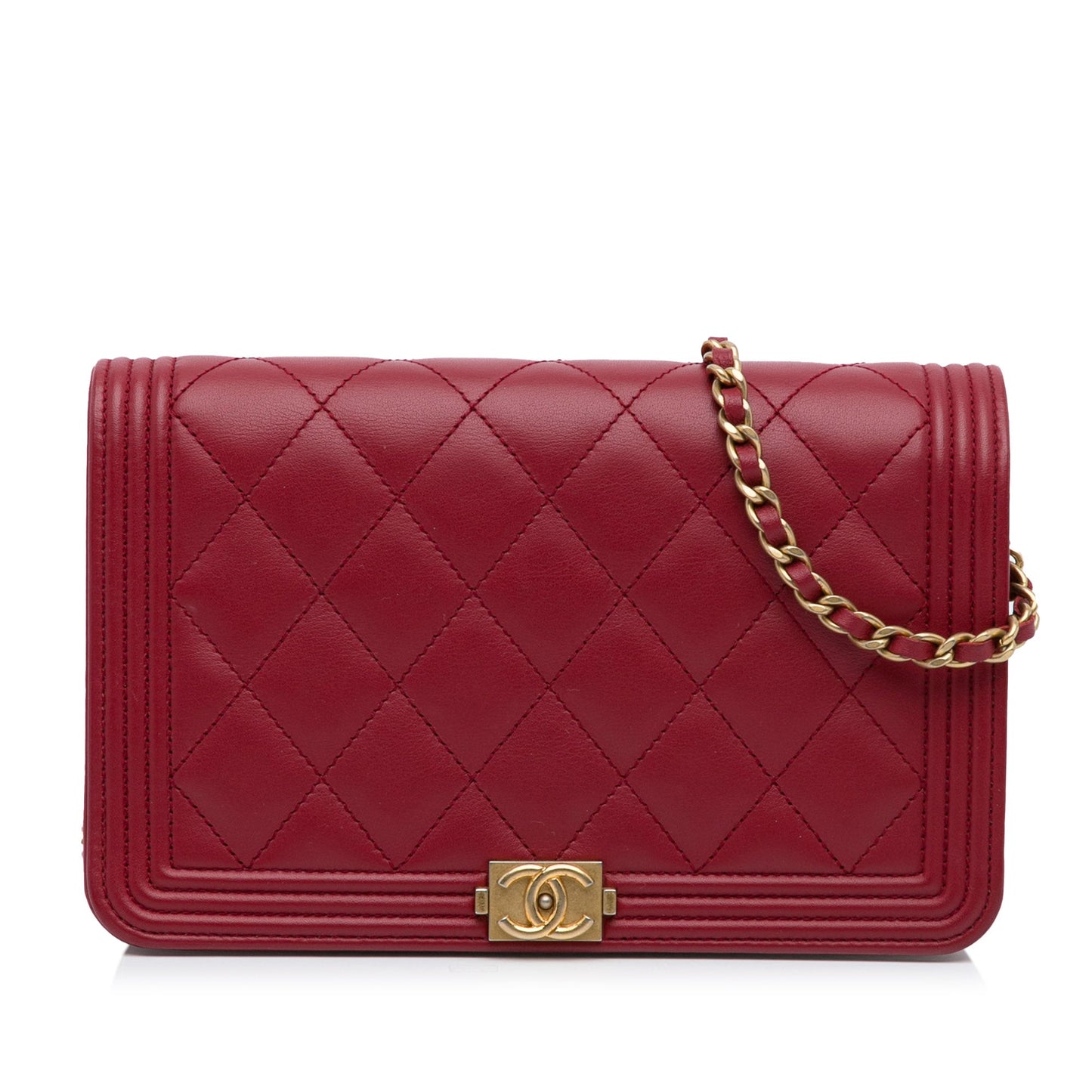 Luxury Chanel Boy Wallet on Chain Red Lambskin Gold