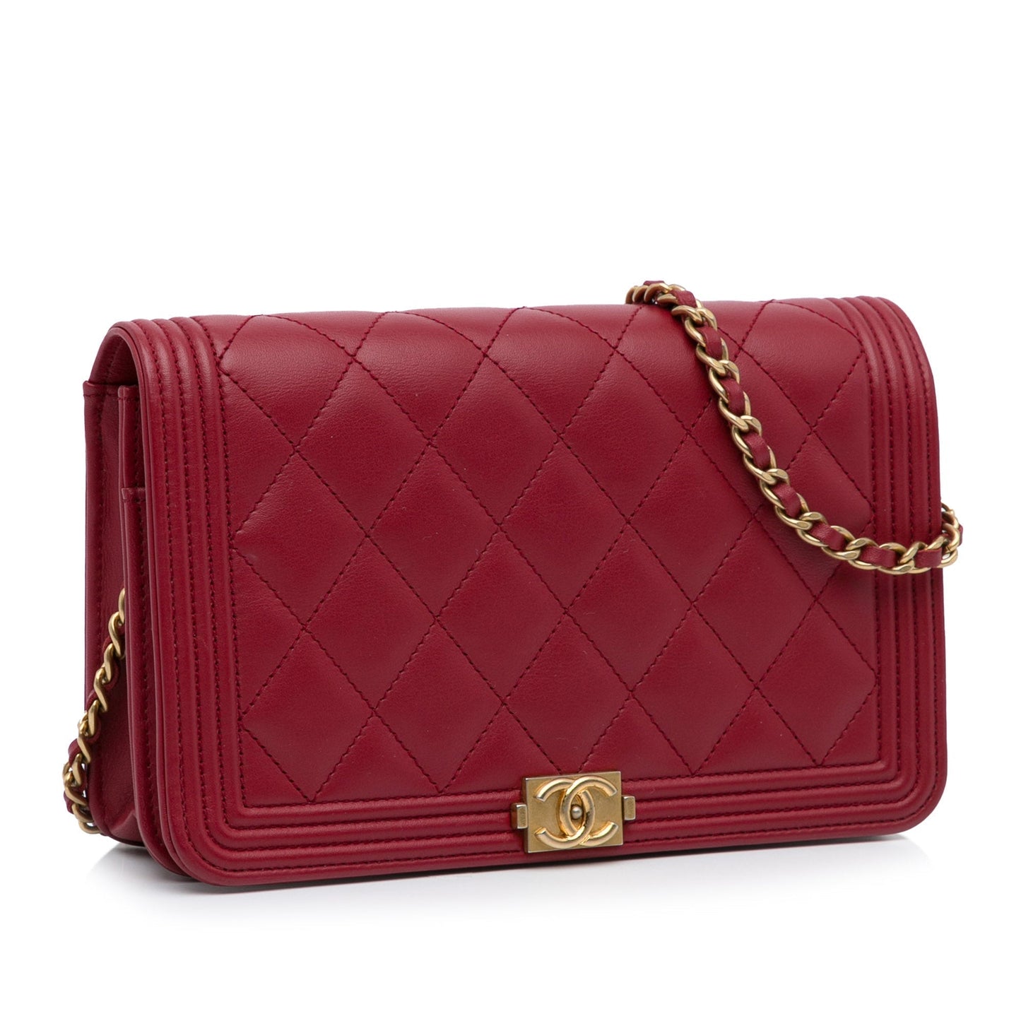 Luxury Chanel Boy Wallet on Chain Red Lambskin Gold