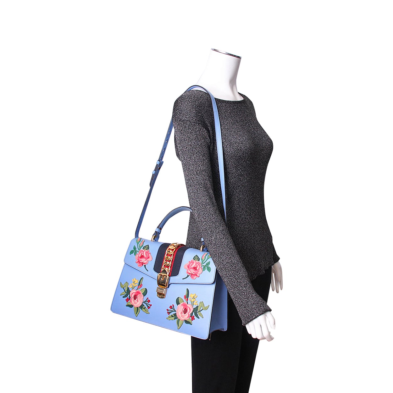 Luxury Gucci Leather Embroidered Medium Sylvie Shoulder Bag Blue