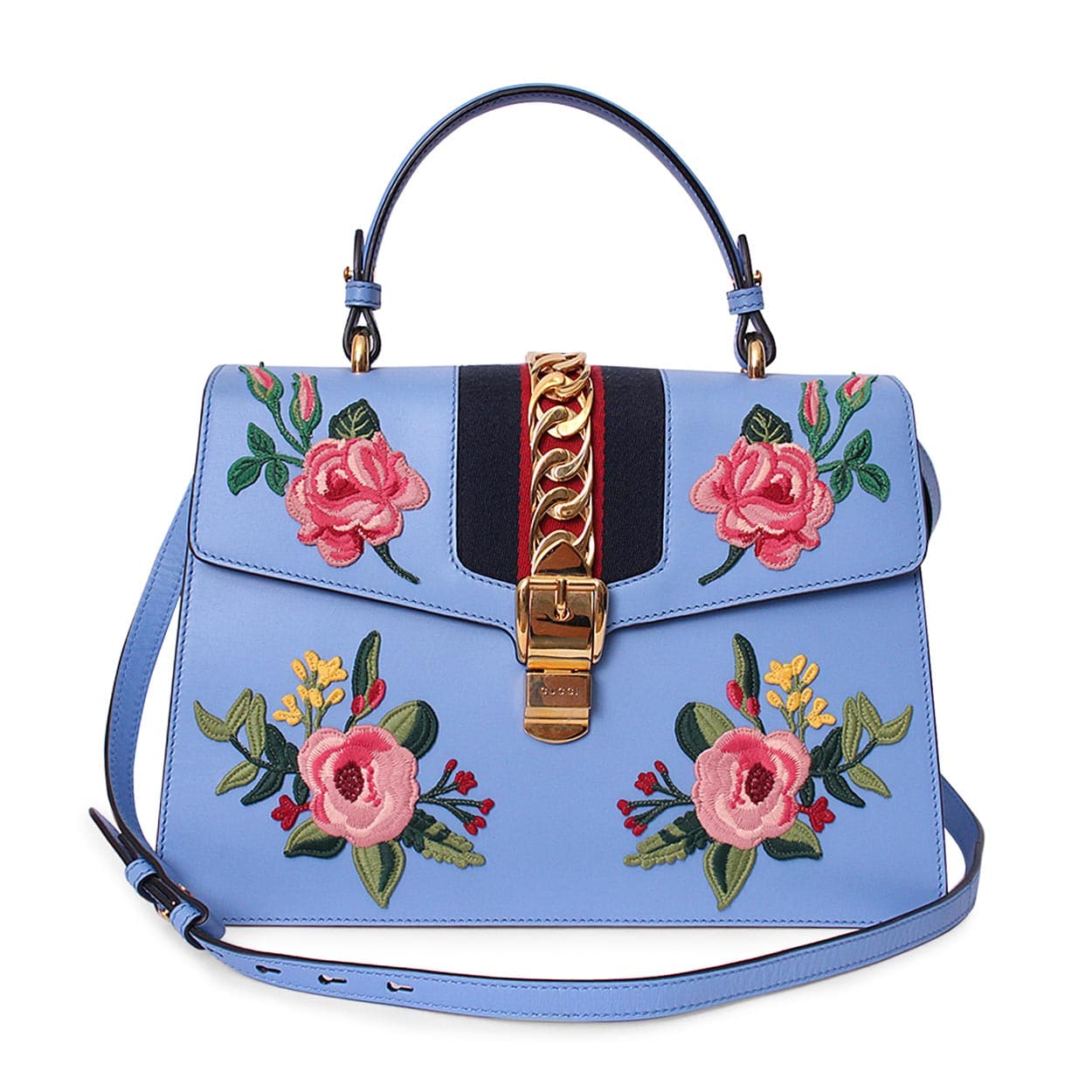Luxury Gucci Leather Embroidered Medium Sylvie Shoulder Bag Blue