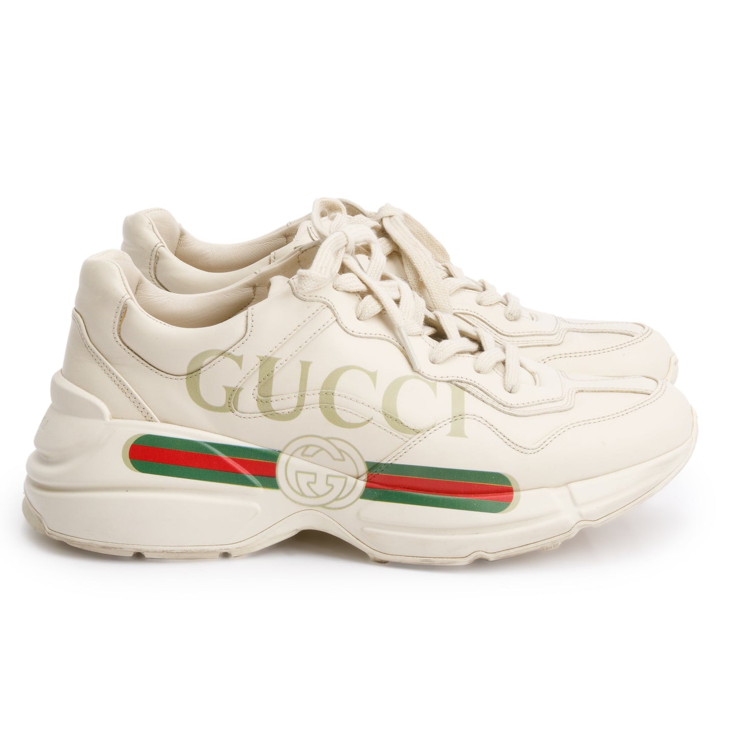 Gucci Beige Leather Men's Rhyton Gucci Logo Sneakers, Size 37.5