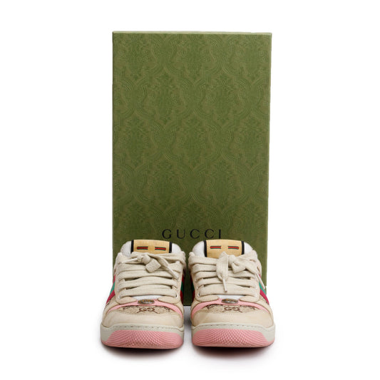Gucci Beige/Pink Leather Web Canvas Screeners GG Sneakers, Size 37