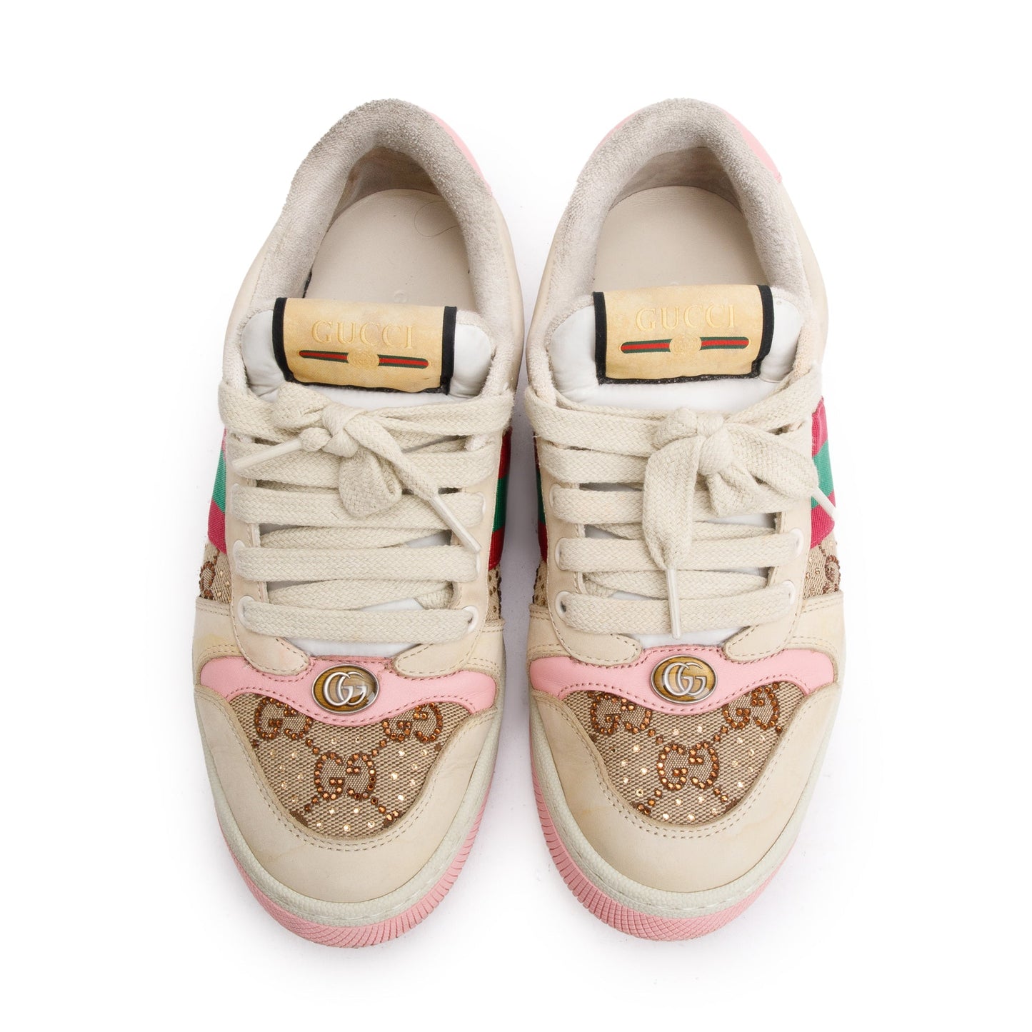 Gucci Beige/Pink Leather Web Canvas Screeners GG Sneakers, Size 37