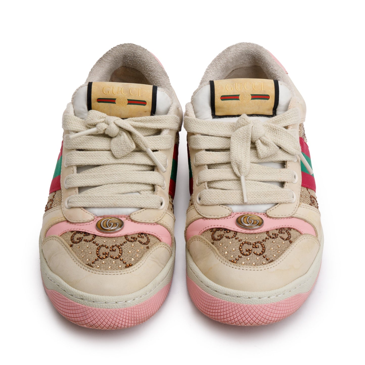 Gucci Beige/Pink Leather Web Canvas Screeners GG Sneakers, Size 37