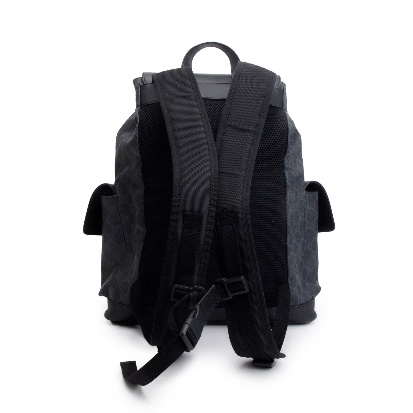 Gucci Black GG Supreme Double Buckle Backpack